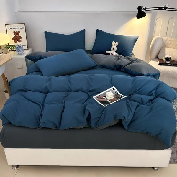 Jogo de Cama 4 Peças Algodão Lavado Premium Casa&Conforto - Toque Macio e Design Bicolor