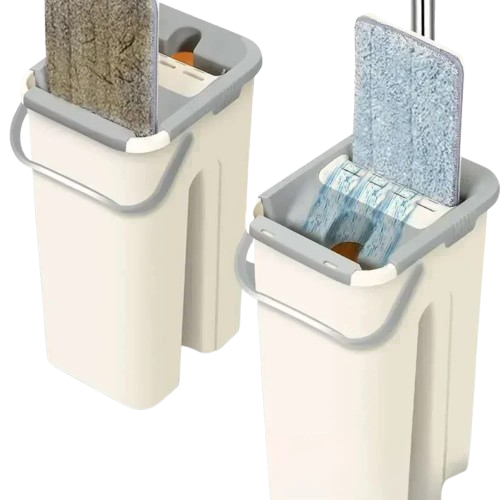 Mop plano de torção manual com balde e almofadas de microfibra.
