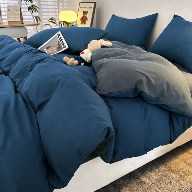 Jogo de Cama 4 Peças Algodão Lavado Premium Casa&Conforto - Toque Macio e Design Bicolor