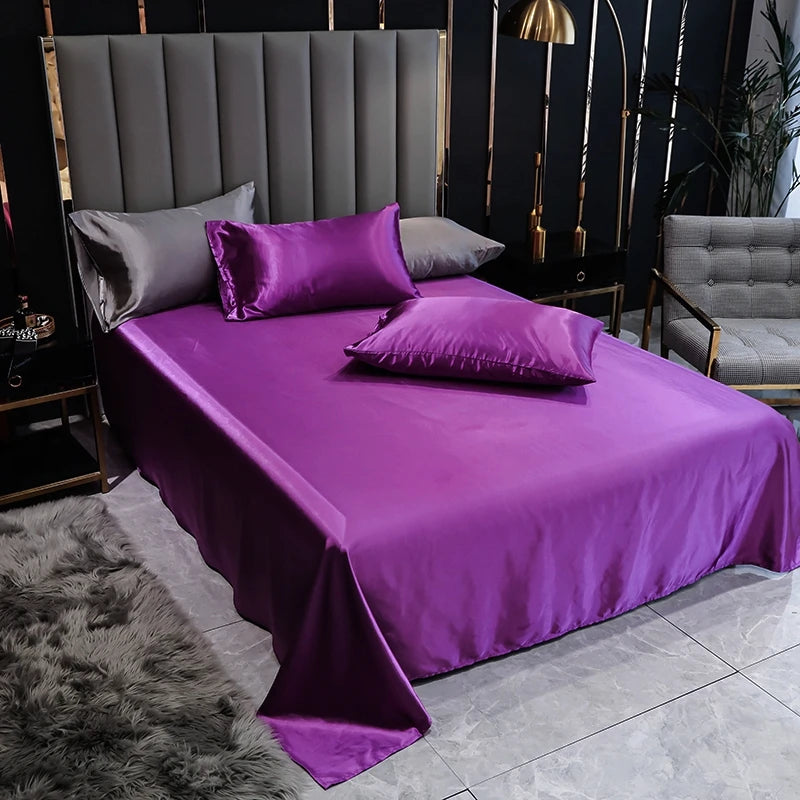 Satin Silk Bed Sheets for Summer Plain Flat Sheet for Double Bed Twin/Full/Queen/King Size Bed Linen (pillowcase need order)