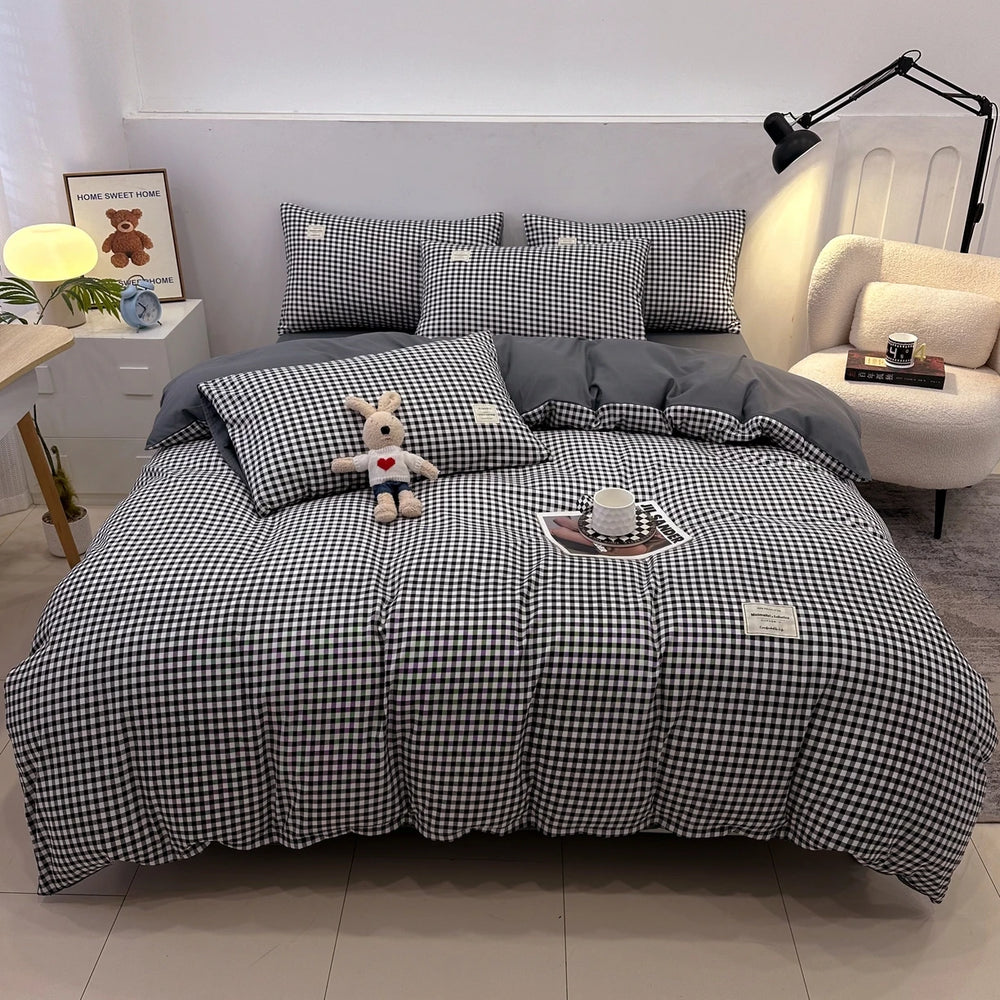 Jogo de Cama 4 Peças Algodão Lavado Premium Casa&Conforto - Toque Macio e Design Bicolor