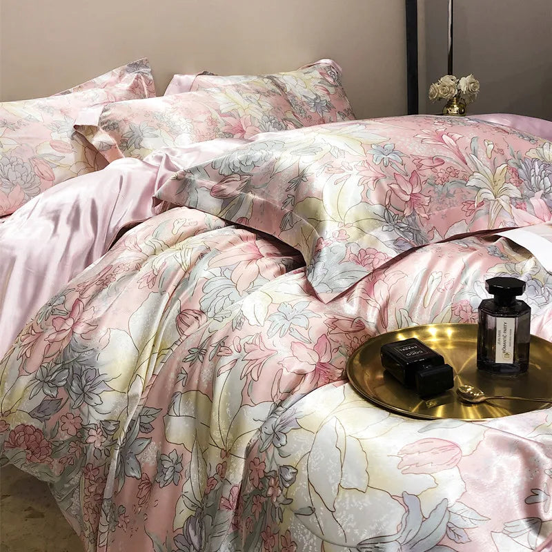 Jogo de Cama Seda Mulberry Blend 4 Peças Casa&Conforto - Floral Luxo (Com ou Sem Elástico)
