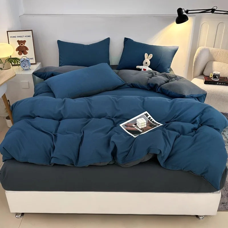 Jogo de Cama 4 Peças Algodão Lavado Premium Casa&Conforto - Toque Macio e Design Bicolor