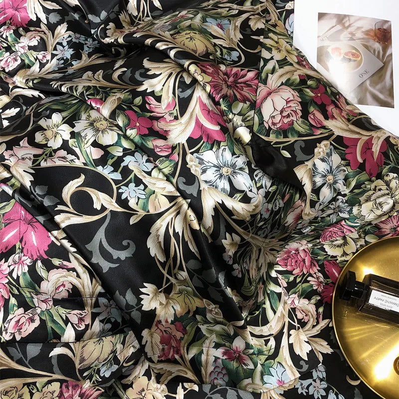 Jogo de Cama Seda Mulberry Blend 4 Peças Casa&Conforto - Floral Luxo (Com ou Sem Elástico)