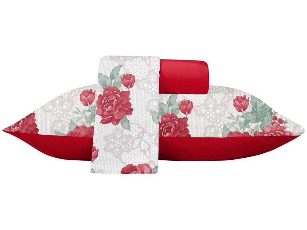 Jogo de Cama Casal Malha 100% Algodão Atlântica Delicata - Vermelho Floral