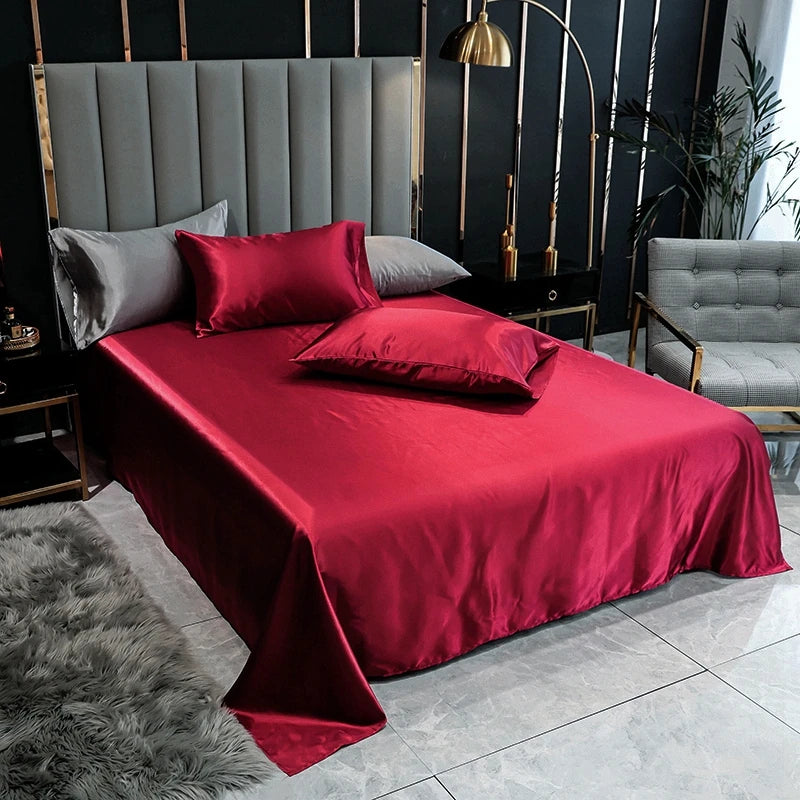 Satin Silk Bed Sheets for Summer Plain Flat Sheet for Double Bed Twin/Full/Queen/King Size Bed Linen (pillowcase need order)