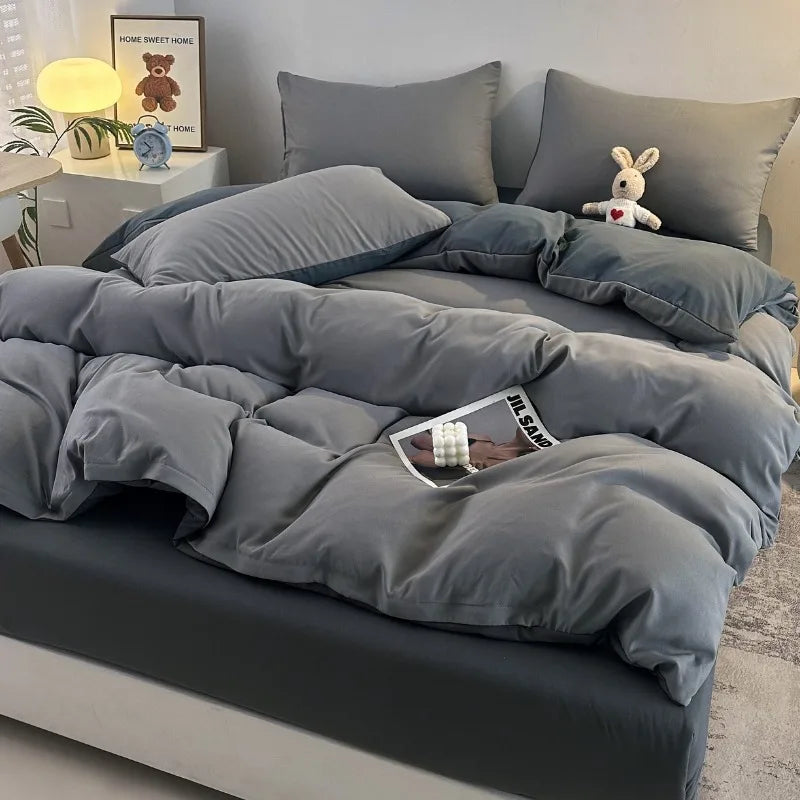 Jogo de Cama 4 Peças Algodão Lavado Premium Casa&Conforto - Toque Macio e Design Bicolor