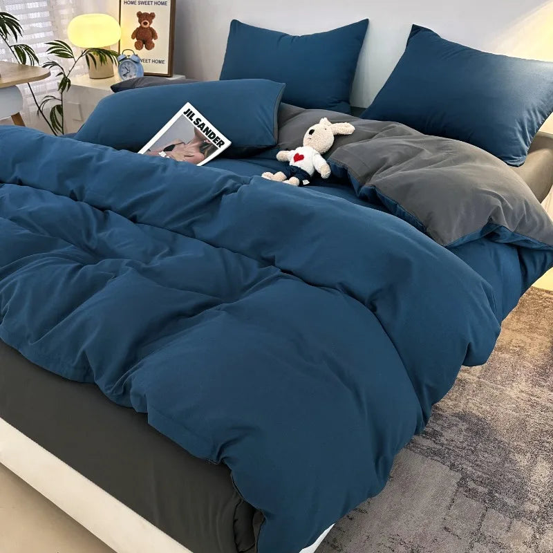 Jogo de Cama 4 Peças Algodão Lavado Premium Casa&Conforto - Toque Macio e Design Bicolor