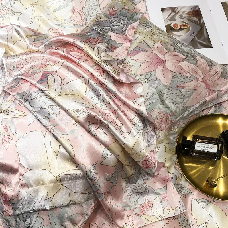 Jogo de Cama Seda Mulberry Blend 4 Peças Casa&Conforto - Floral Luxo (Com ou Sem Elástico)
