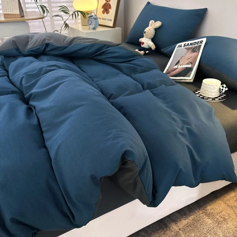 Jogo de Cama 4 Peças Algodão Lavado Premium Casa&Conforto - Toque Macio e Design Bicolor