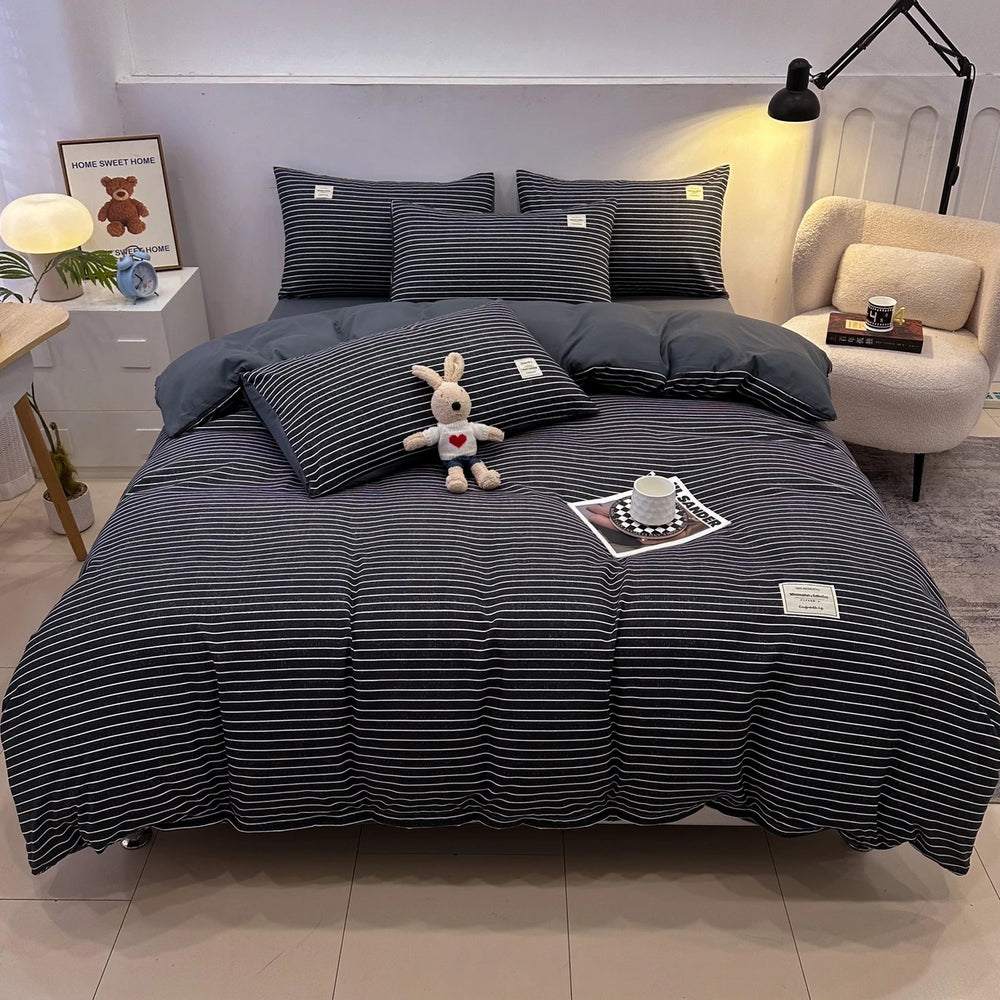 Jogo de Cama 4 Peças Algodão Lavado Premium Casa&Conforto - Toque Macio e Design Bicolor