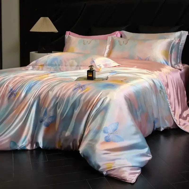 Jogo de Cama Seda Mulberry & Liocel 4 Peças Casa&Conforto - Estampa 3D Premium (Com Elástico)