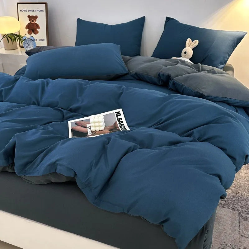 Jogo de Cama 4 Peças Algodão Lavado Premium Casa&Conforto - Toque Macio e Design Bicolor