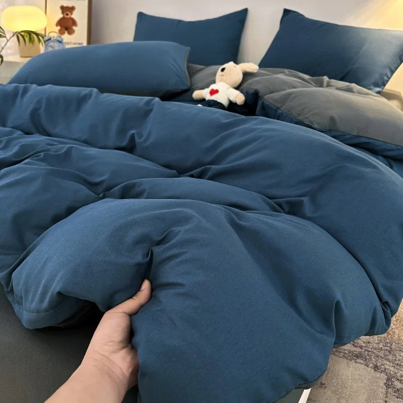 Jogo de Cama 4 Peças Algodão Lavado Premium Casa&Conforto - Toque Macio e Design Bicolor