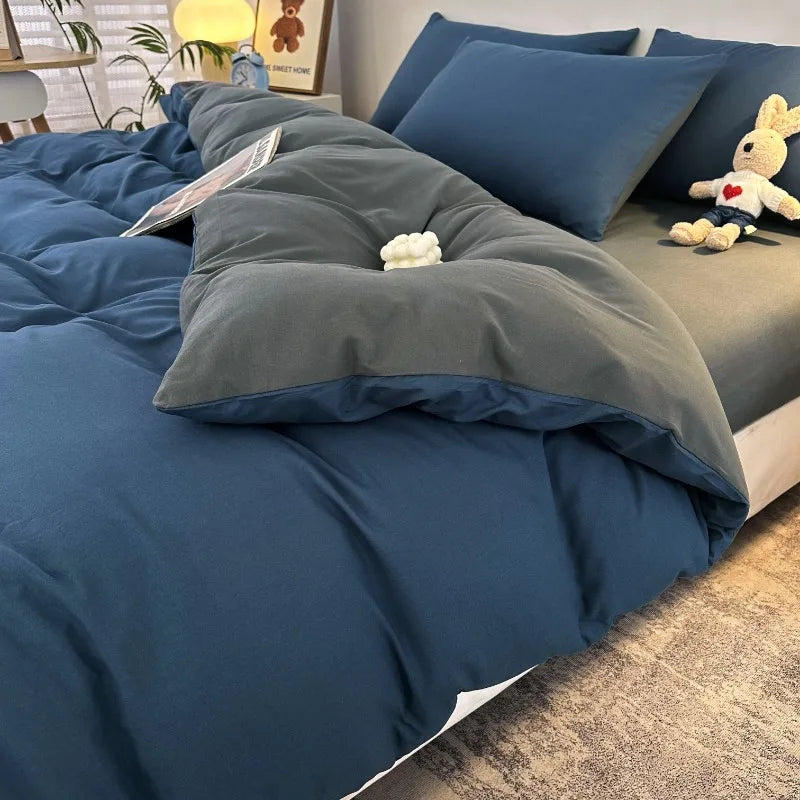 Jogo de Cama 4 Peças Algodão Lavado Premium Casa&Conforto - Toque Macio e Design Bicolor