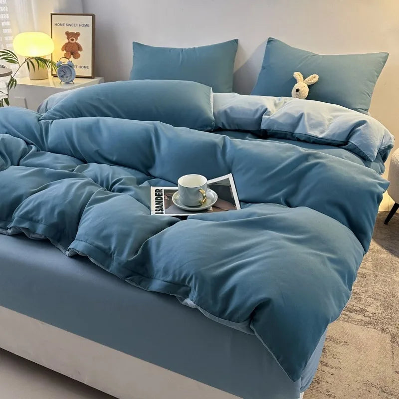 Jogo de Cama 4 Peças Algodão Lavado Premium Casa&Conforto - Toque Macio e Design Bicolor