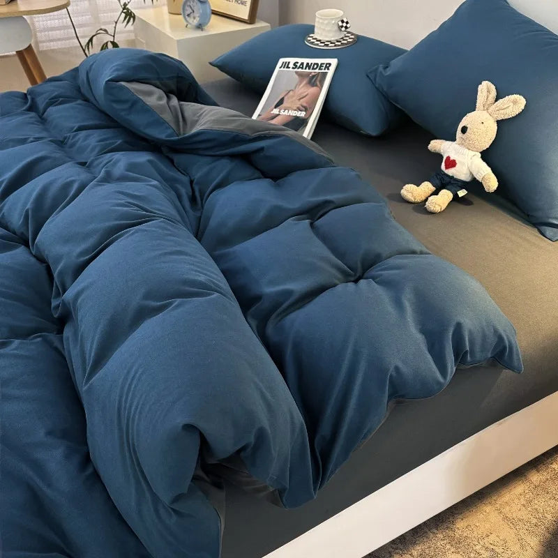 Jogo de Cama 4 Peças Algodão Lavado Premium Casa&Conforto - Toque Macio e Design Bicolor